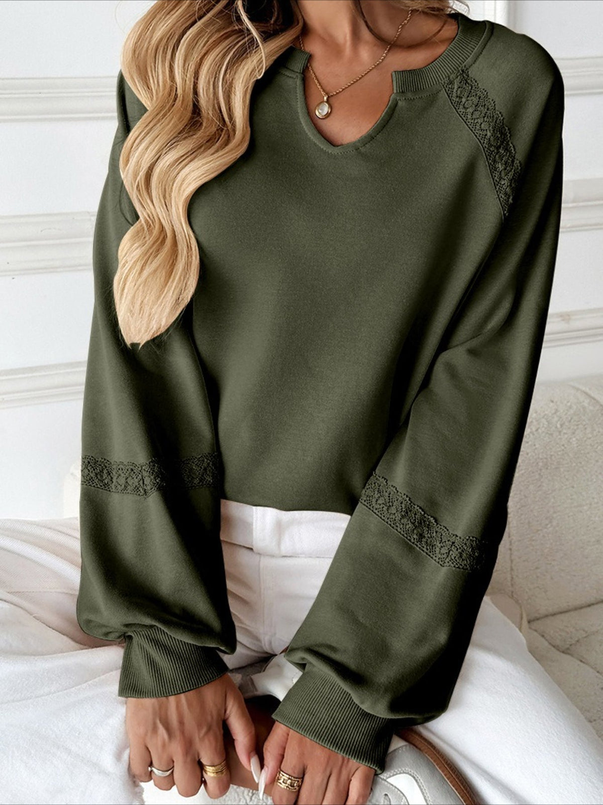 Solid Color Half-open Neck Splicing Lace Loose Fashion Long-sleeved Top