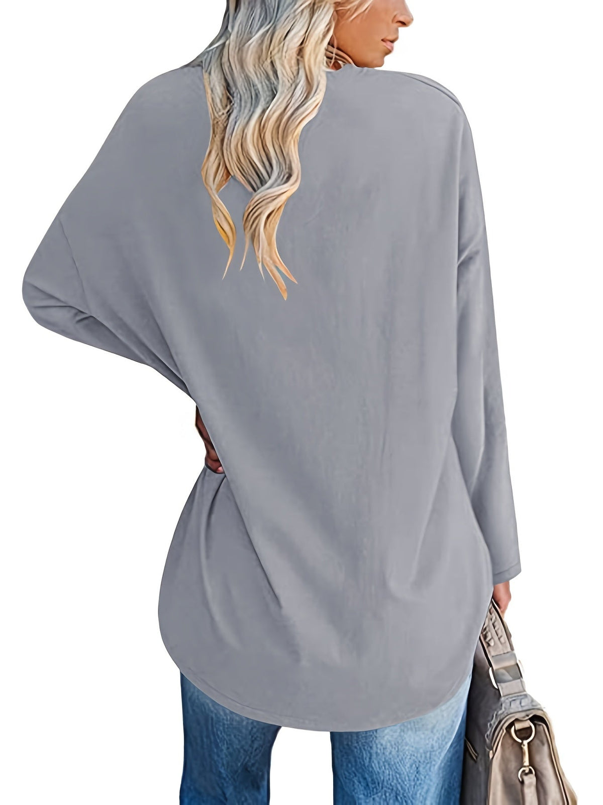 Women's Solid Color Oversized Tops, V-Neck Long Sleeve T-Shirts, Casual Loose Shirts