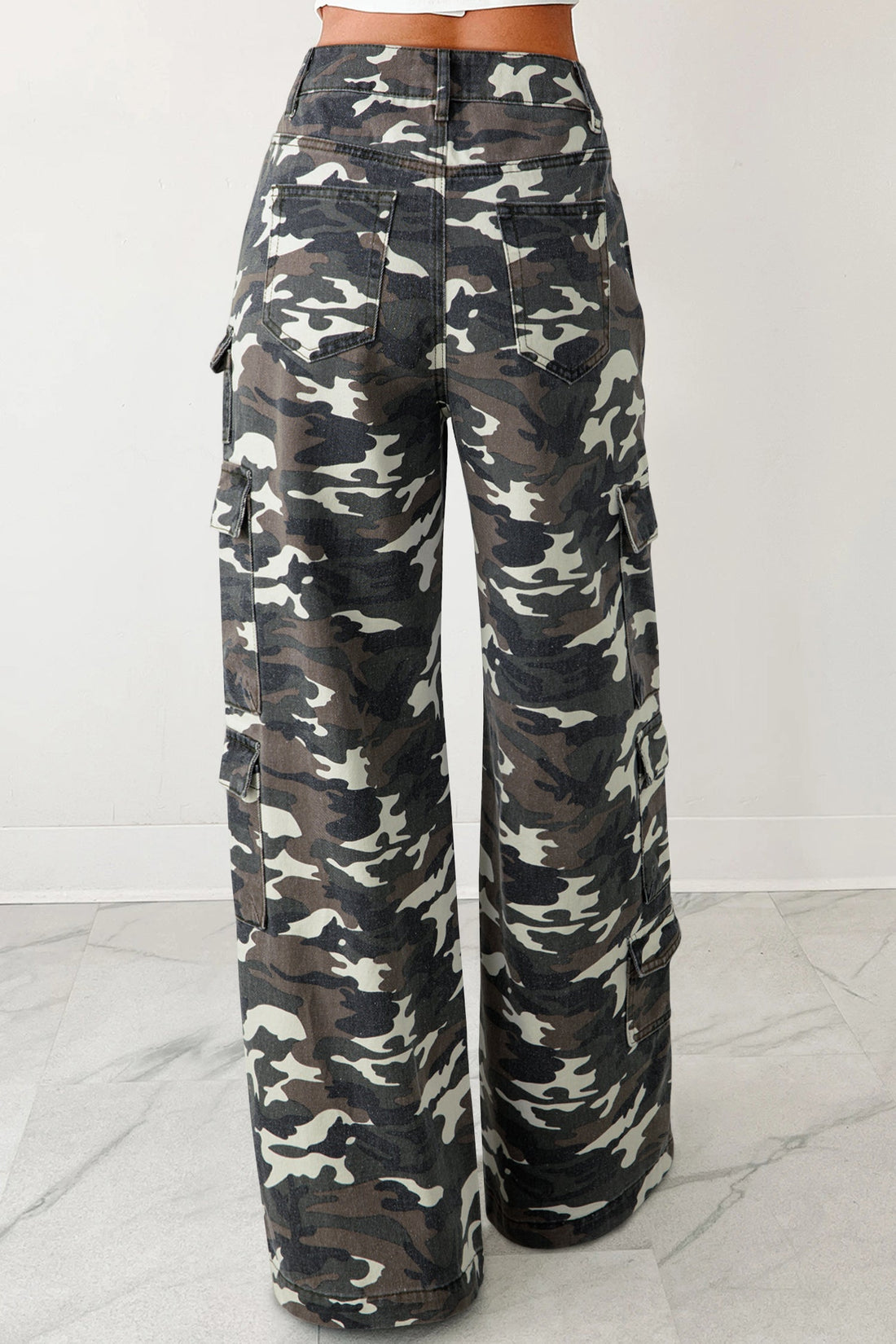 Green Camo Denim Cargo Wide Leg Pants