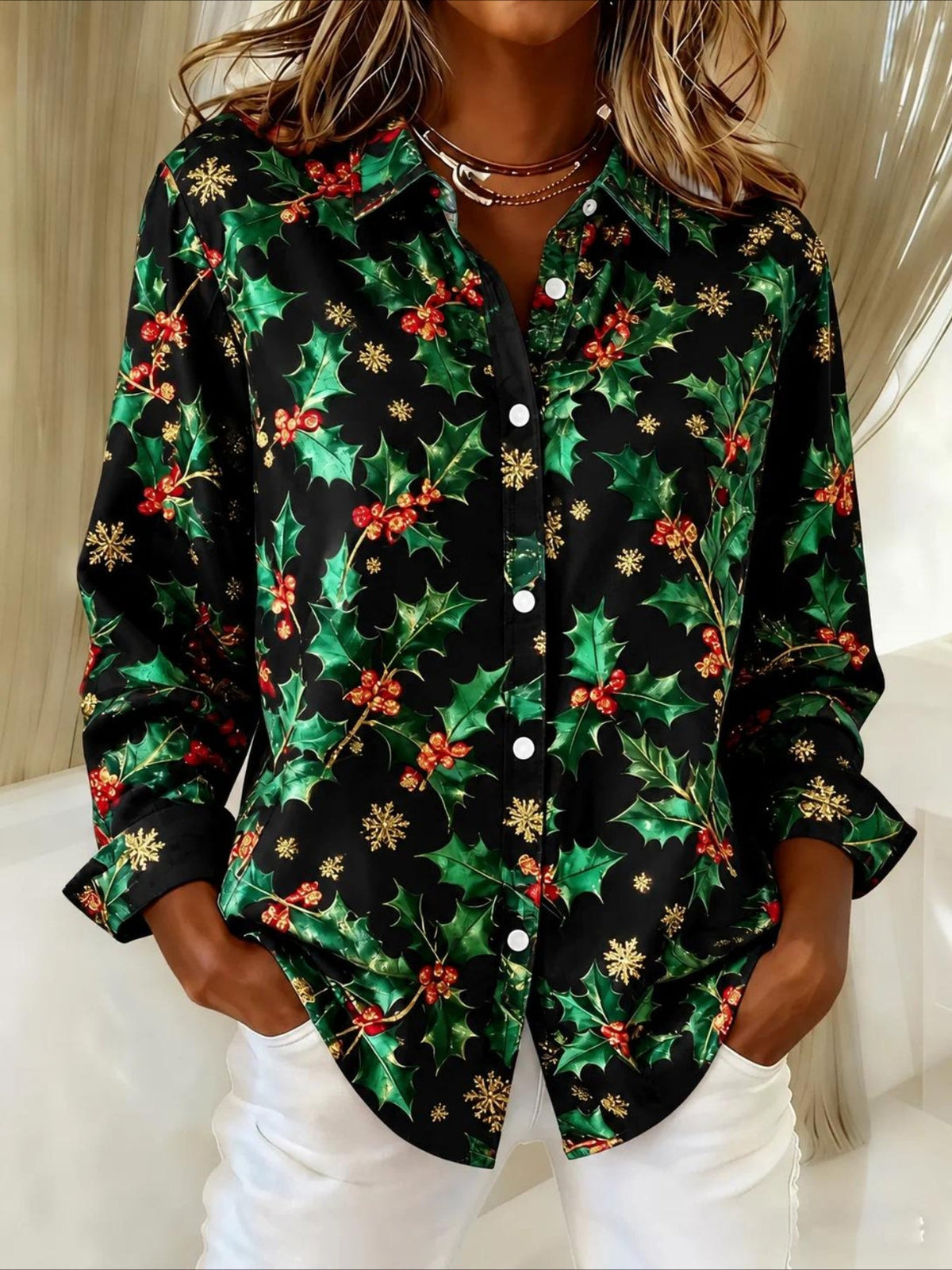 Color-Block Snowflake Christmas Patterns Long Sleeve Plain Regular Micro-Elasticity Regular Fit Shirt