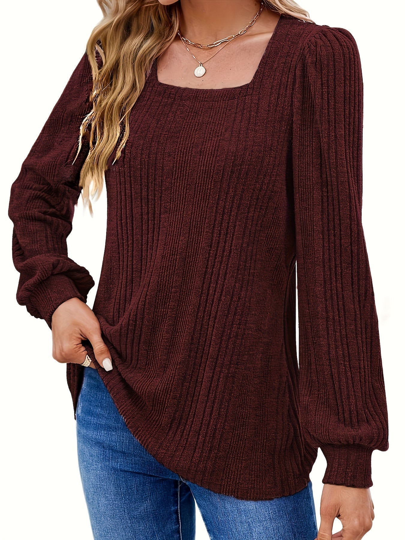 Solid Square Neck Rib Knit Top, Elegant Long Sleeve Sweater