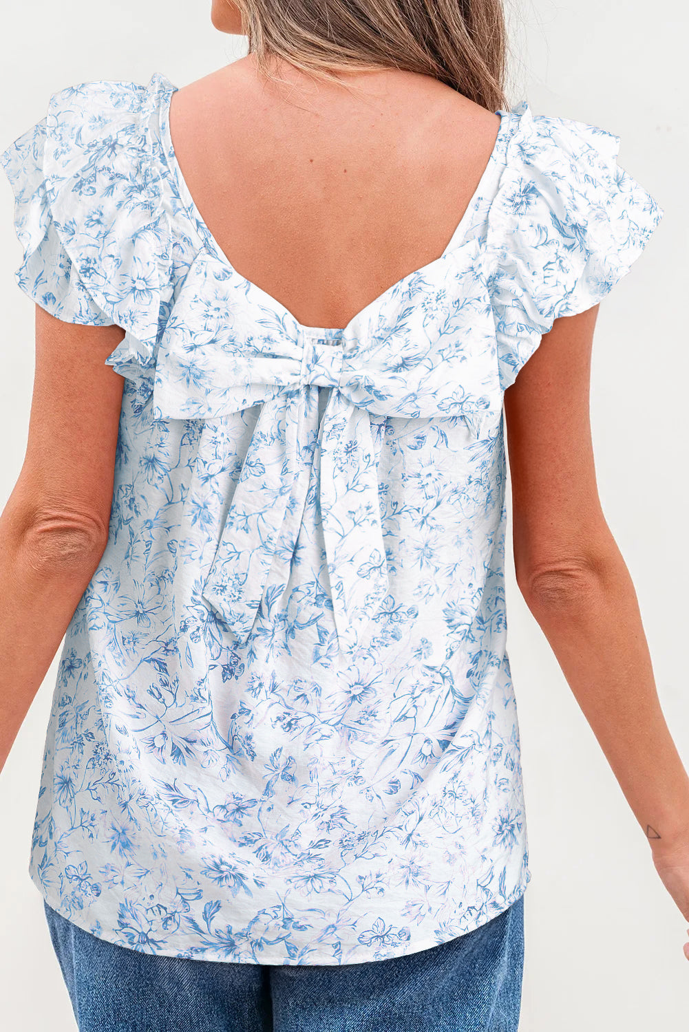 Sky Blue Floral Ruffled Short Sleeve Bow Back Square Neck Blouse