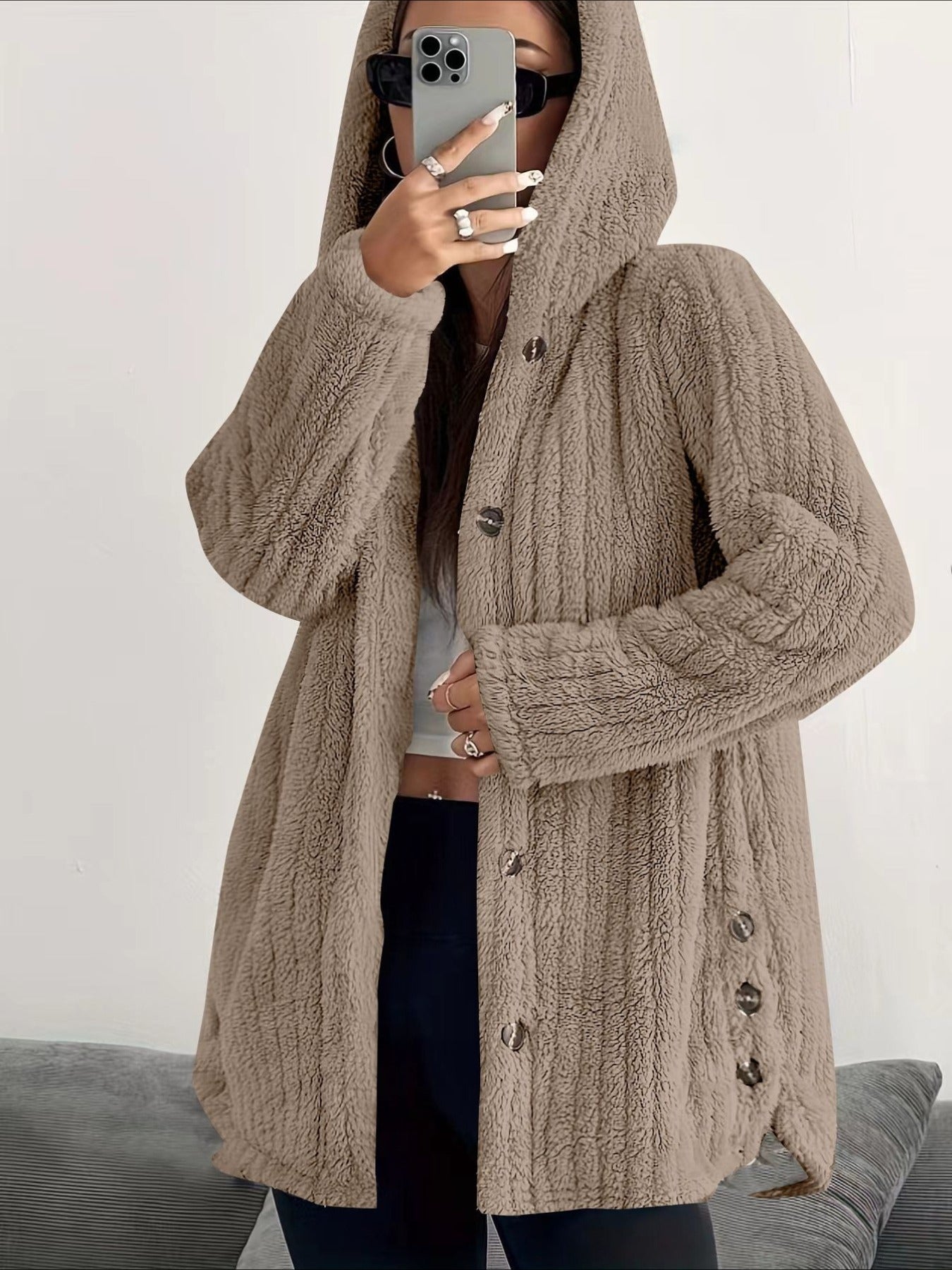 Solid Color Long Sleeve Hooded Loose Jacket