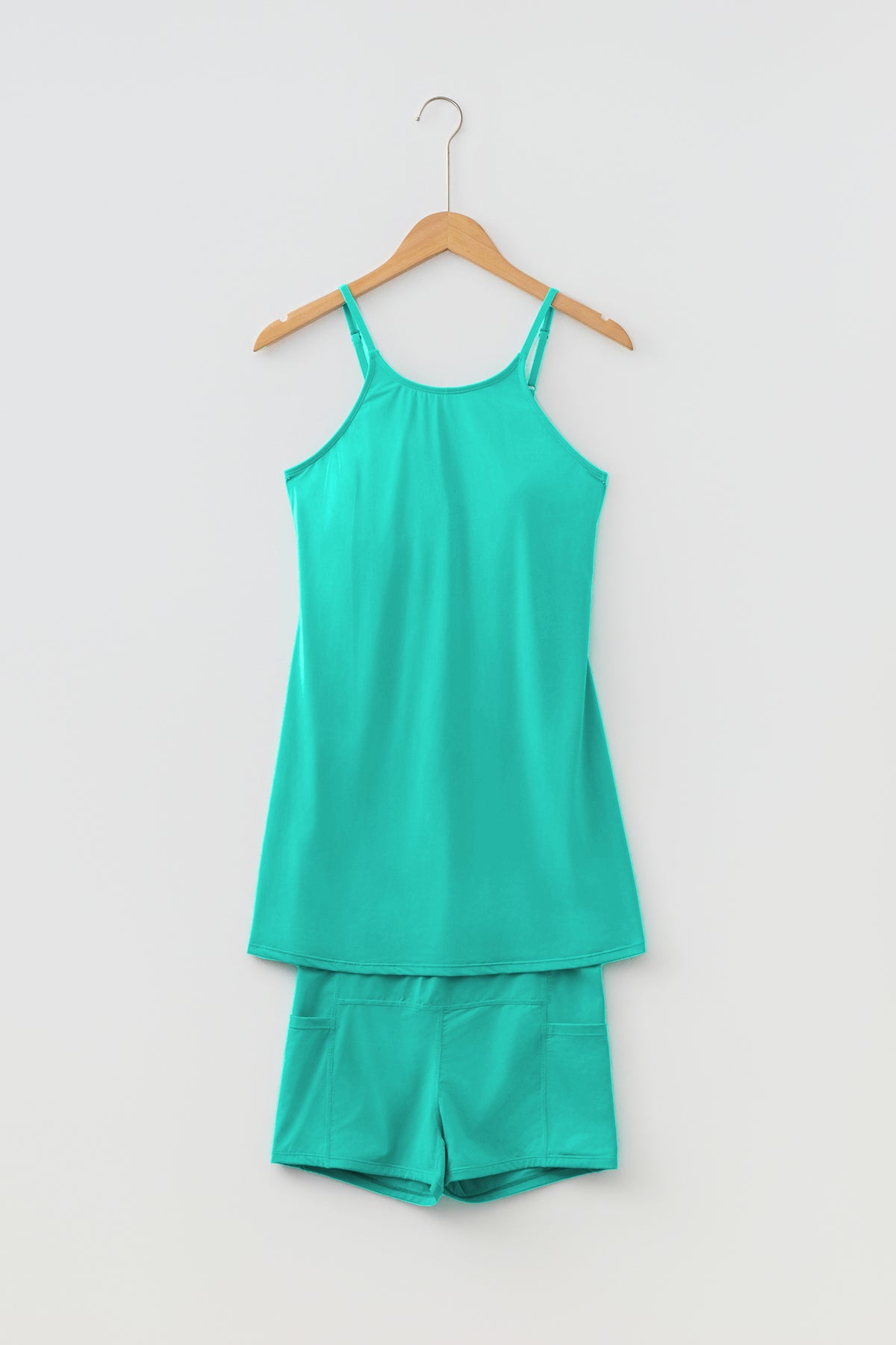 Sea Green Solid Color Tunic Tank Dress Athletic Shorts Two Piece Set