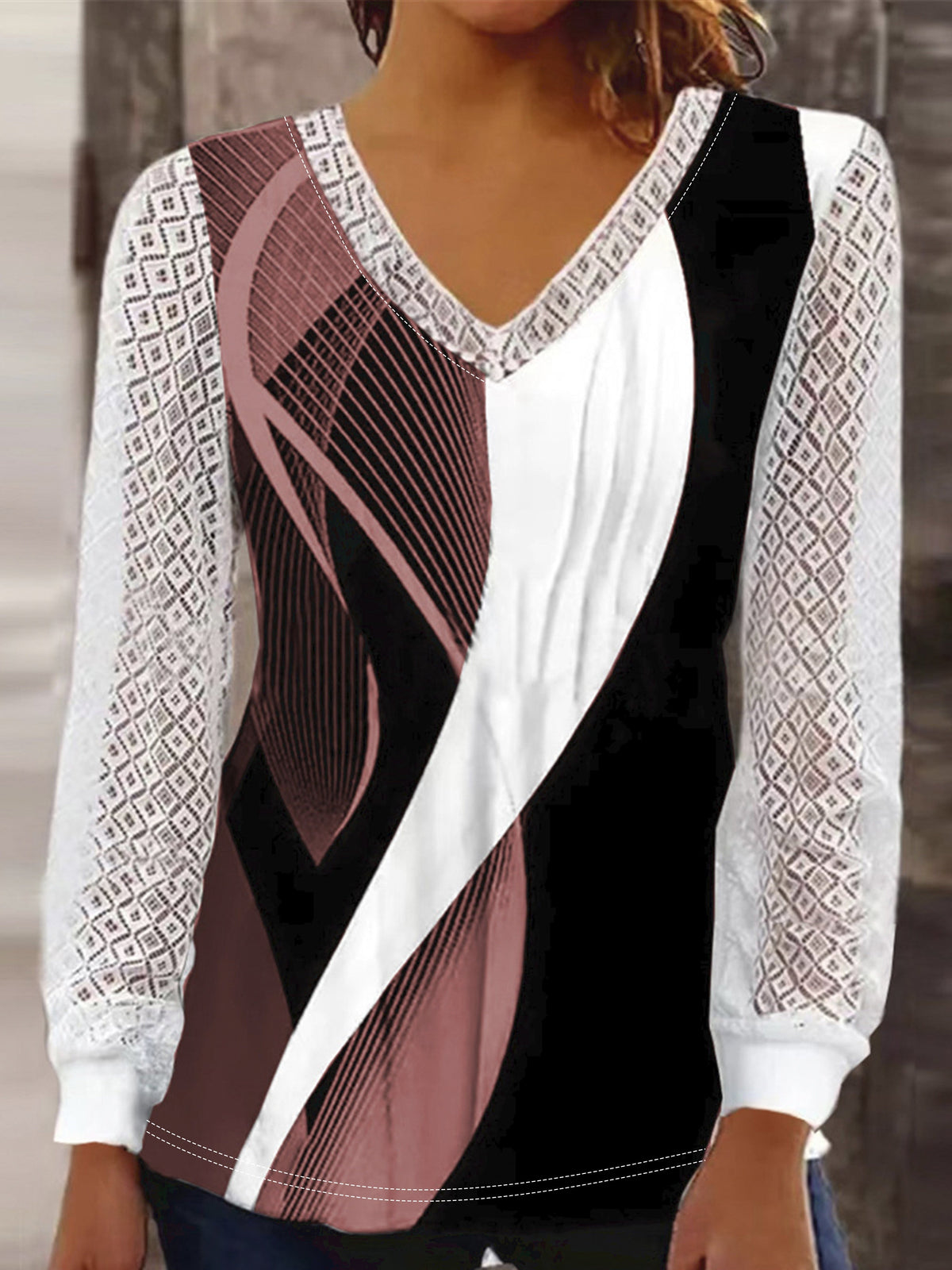 Women's Abstract Stripe Print Contrast Lace Long Sleeve V Neck Top