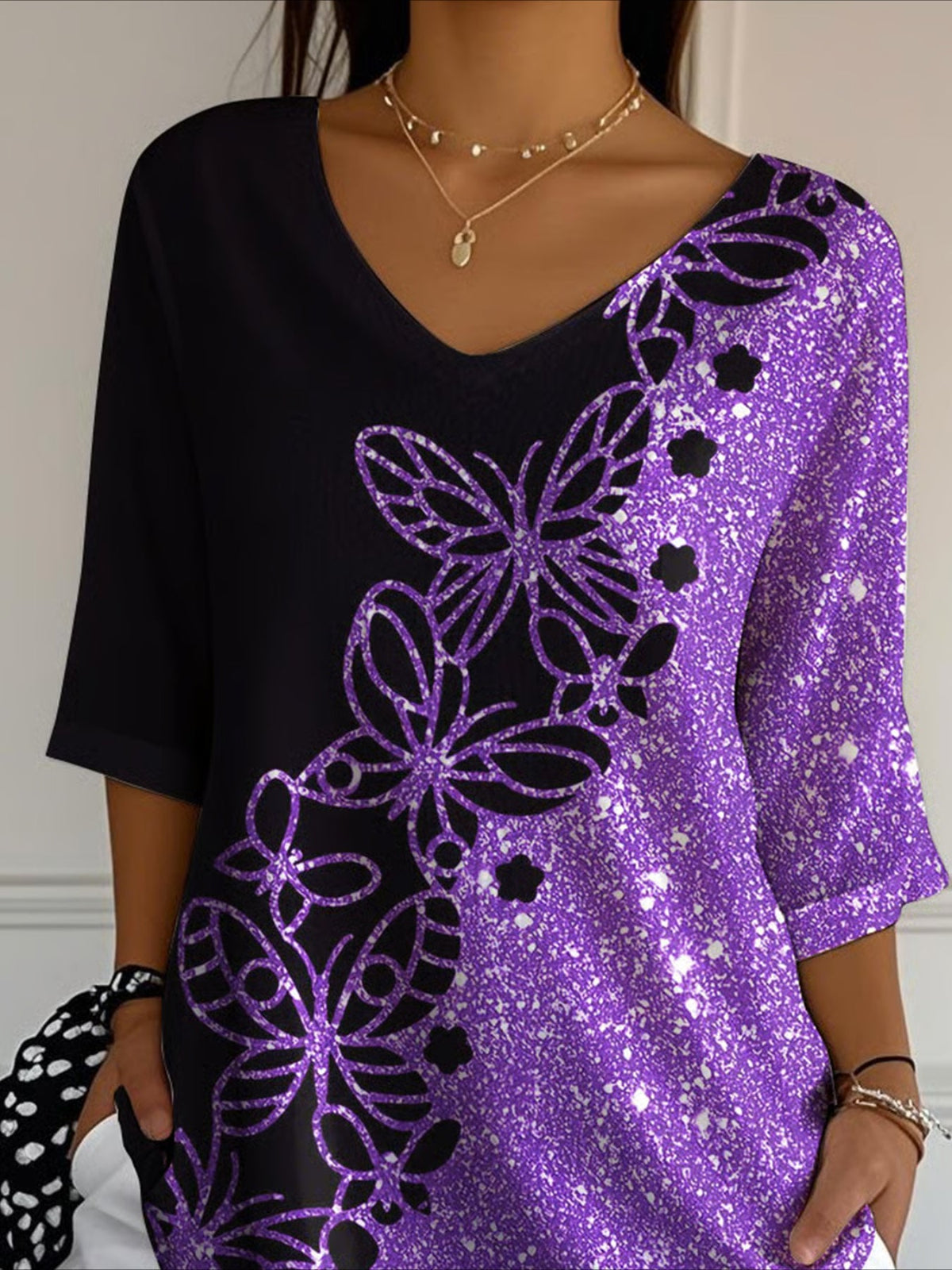 Floral Three Quarter Sleeve Tee T-shirt V Neck Printing Casual Spring/Fall Graphic Tee Top