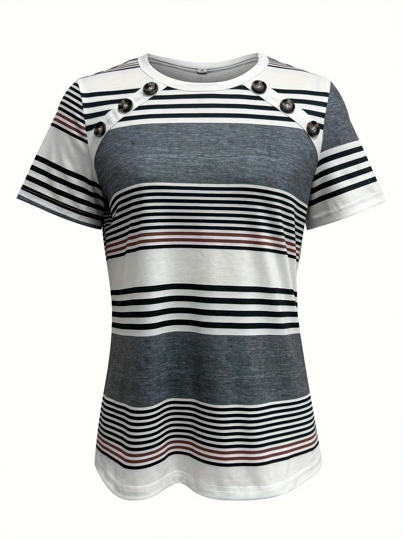 Button Front Vibrant Striped Short Sleeve Crew Neck T-Shirt