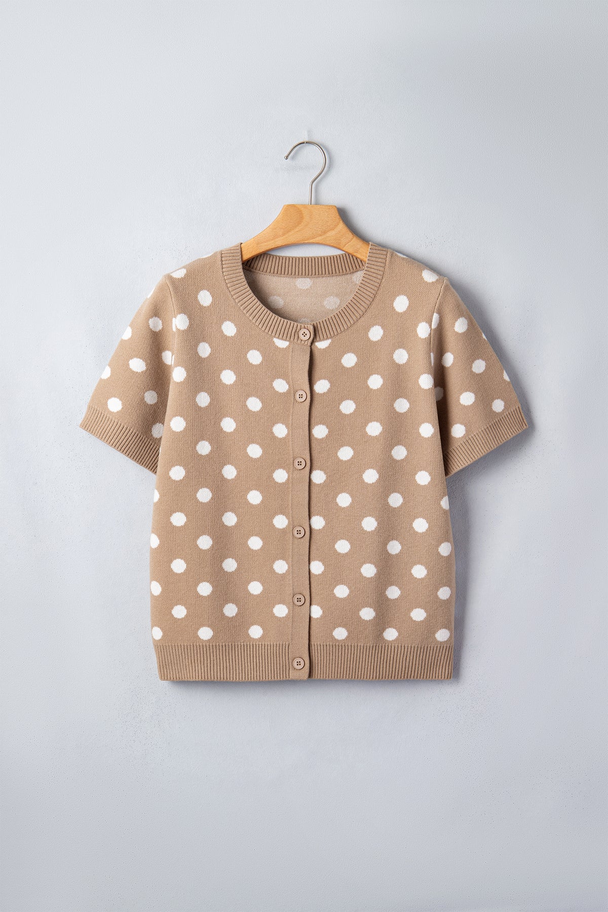 Dark Khaki Polka Dot Short Sleeve Button Down Sweater Cardigan