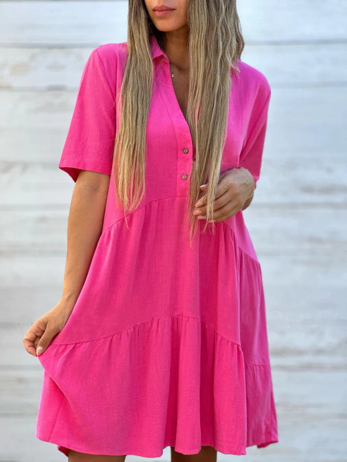 Linen Women's Summer Dress - Loose Fit, Short Sleeve, Lapel Collar, Button Front