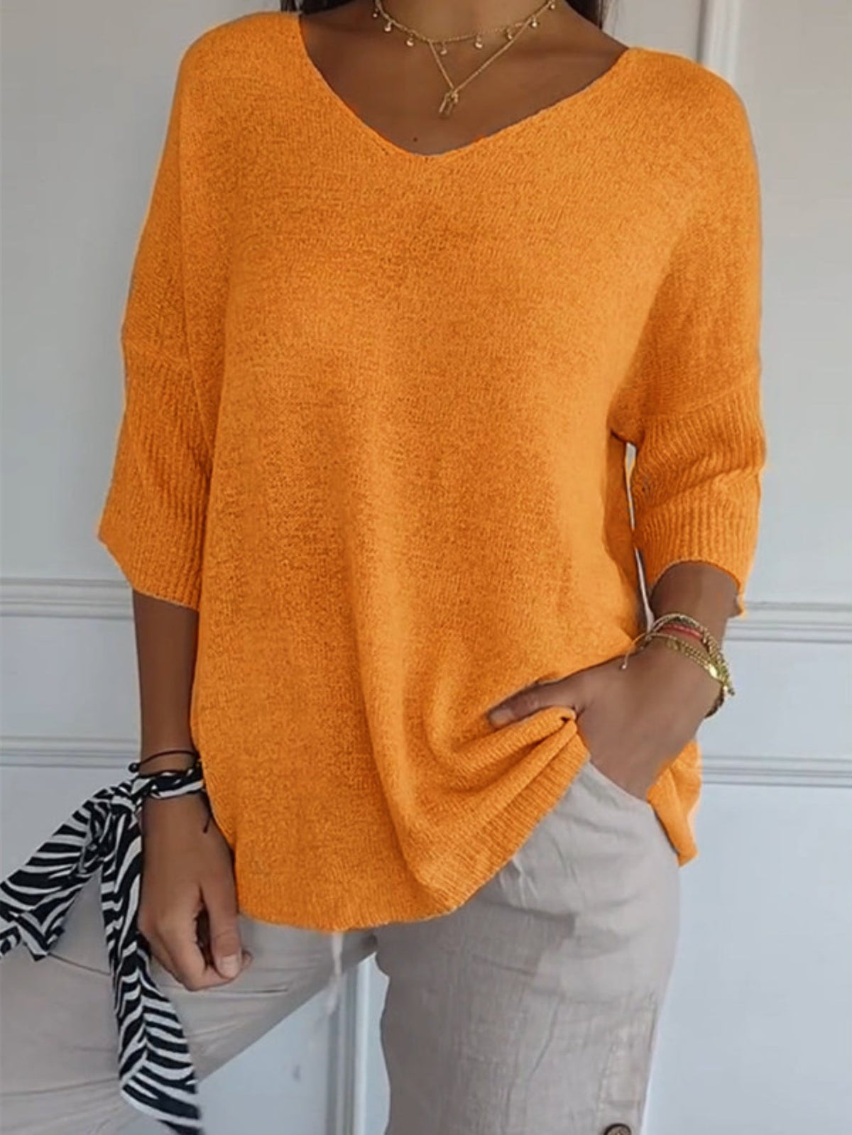 Cozy V Neck Pullover Three-Quarter Sleeve Knitted Sweater
