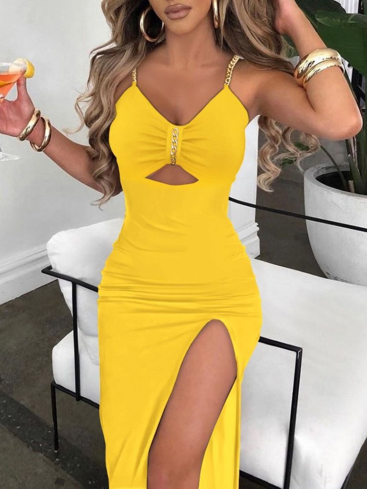 Chain Strap Solid Dress, Sexy Cut Out Split Thigh Party Dress