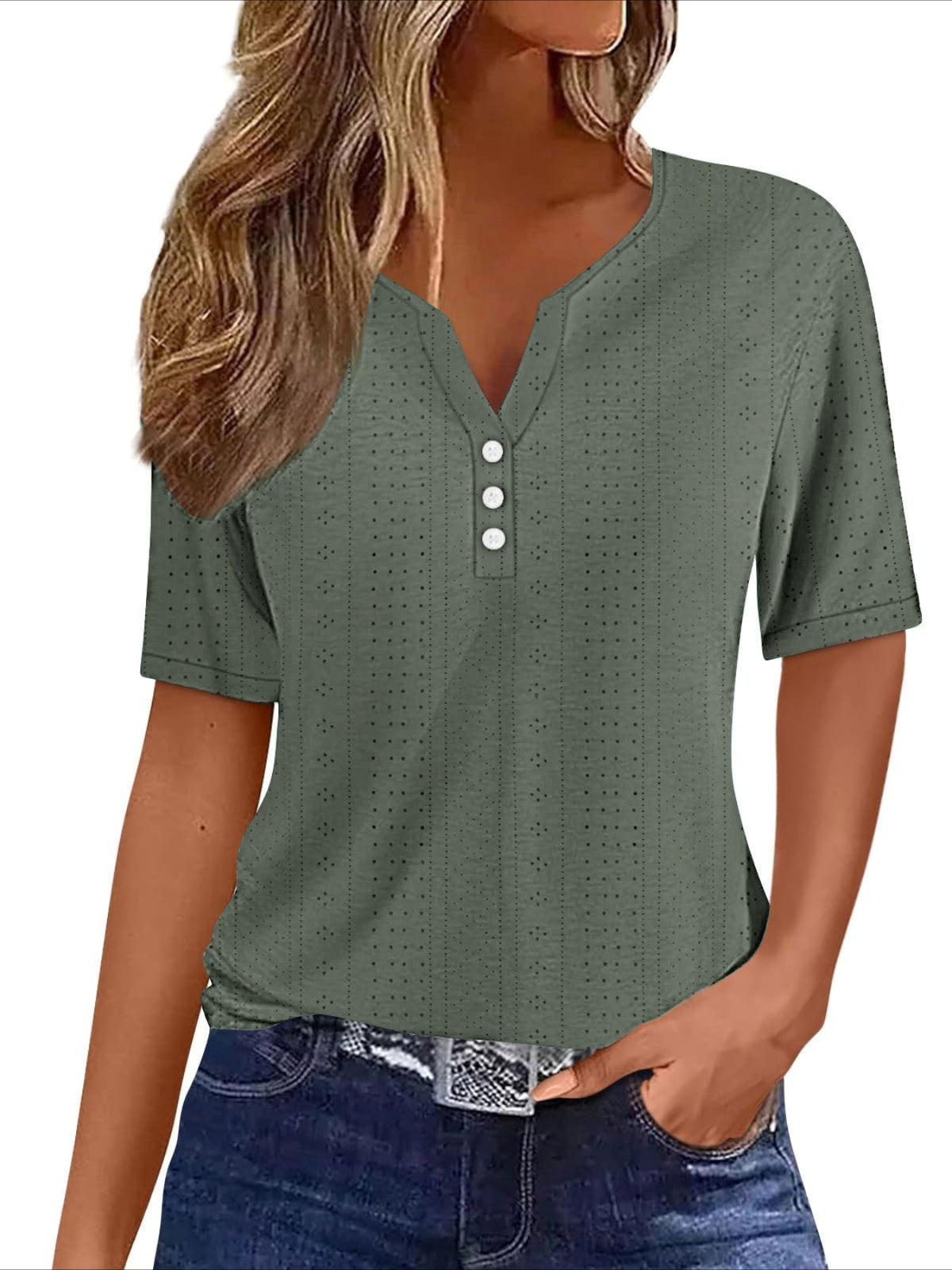 Eyelet Embroidered Button Front T-shirt, Casual V Neck Short Sleeve Top