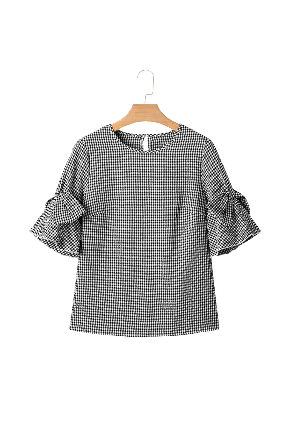 Black Plaid Bow Ruffled Half Sleeve Round Neck Blouse