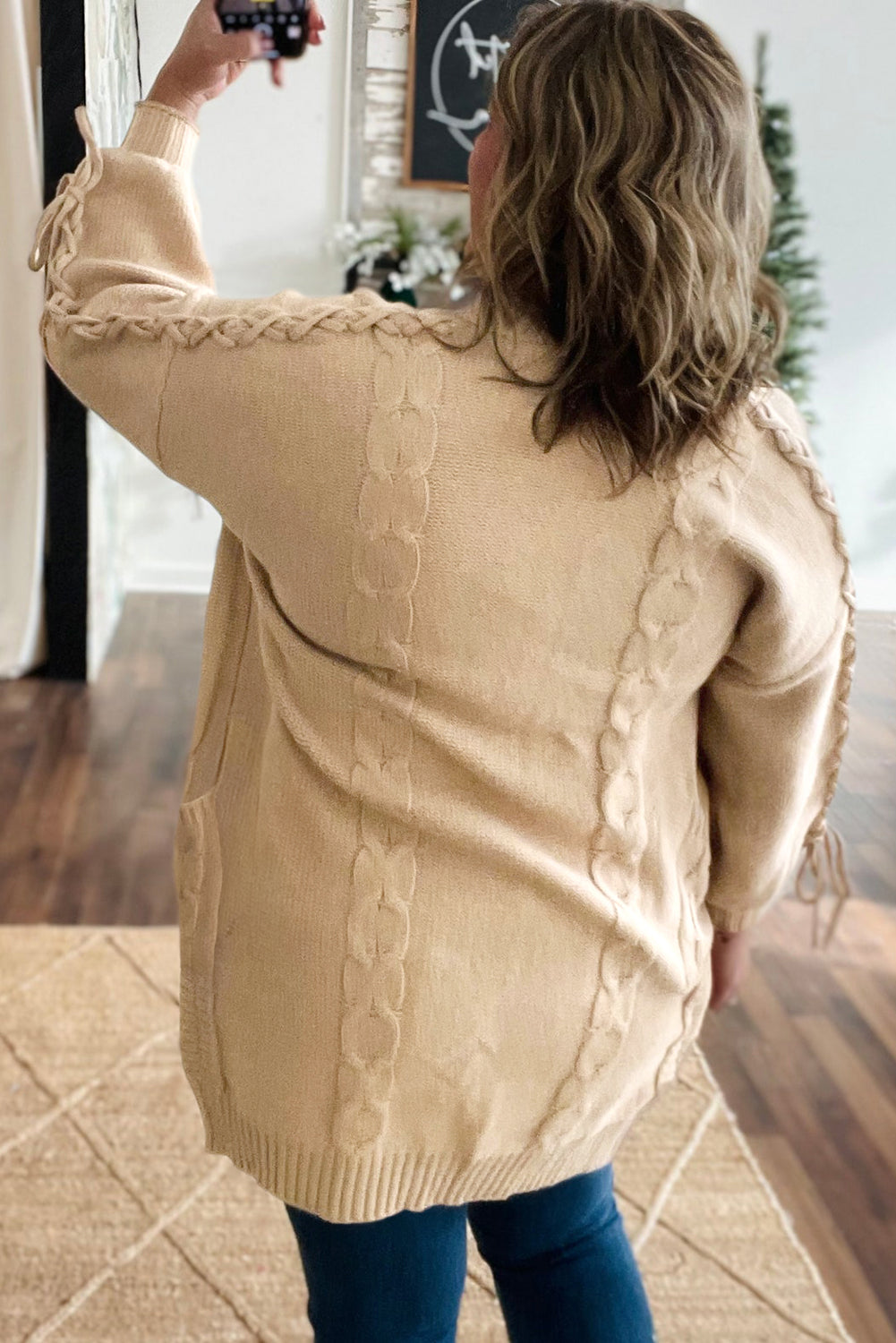 Parchment Cable Knit Braided Tie Sleeve Plus Size Open Cardigan