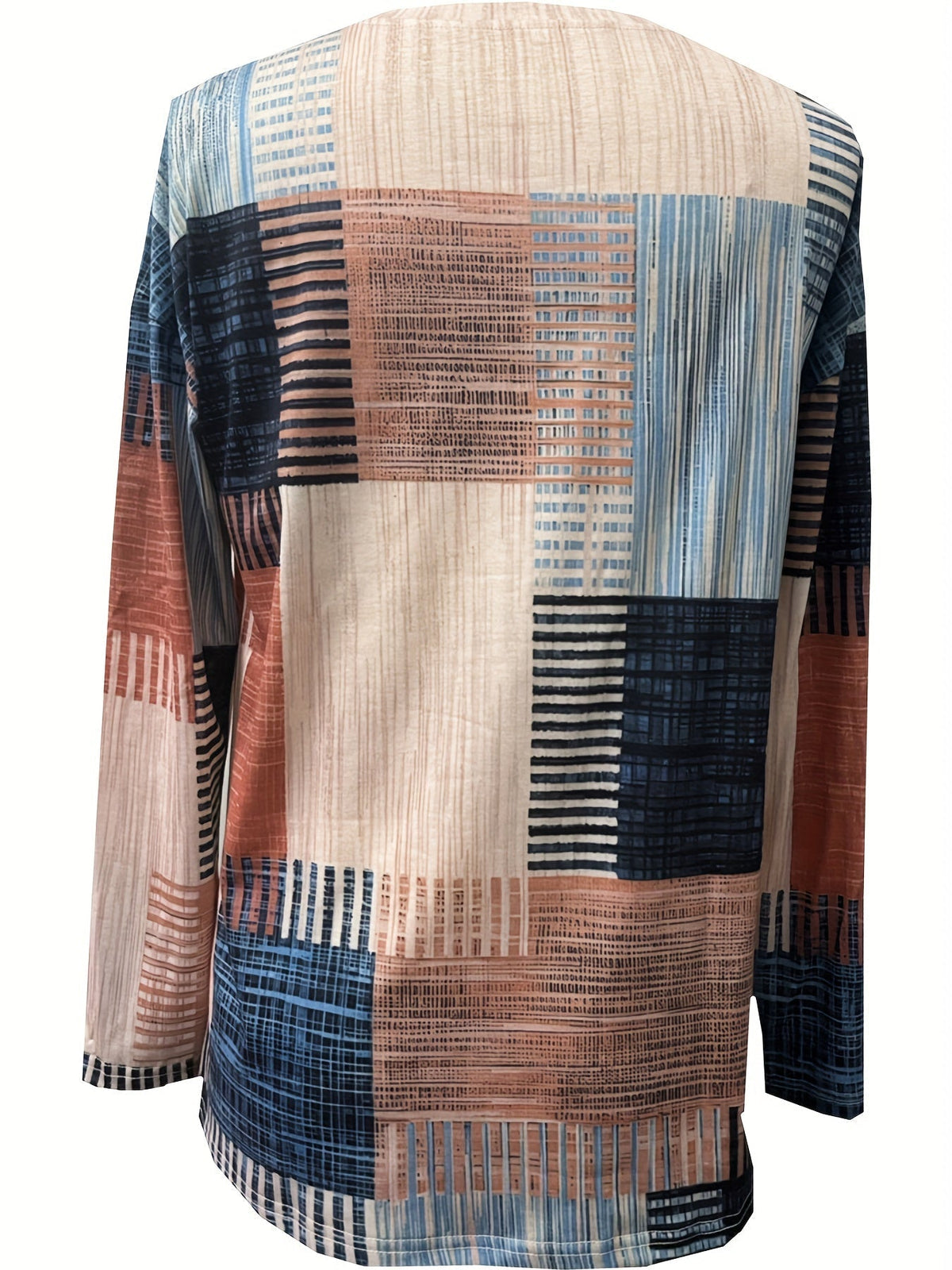 Geometric Print Crew Neck T-Shirt, Casual Color Block Long Sleeve T-Shirt