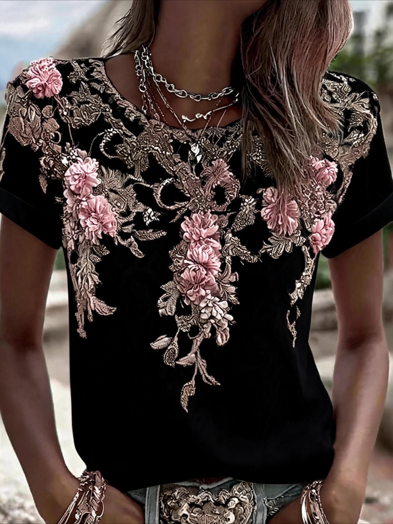 Floral Print Short Sleeve Crew Neck Top with Patchwork Blouse Style