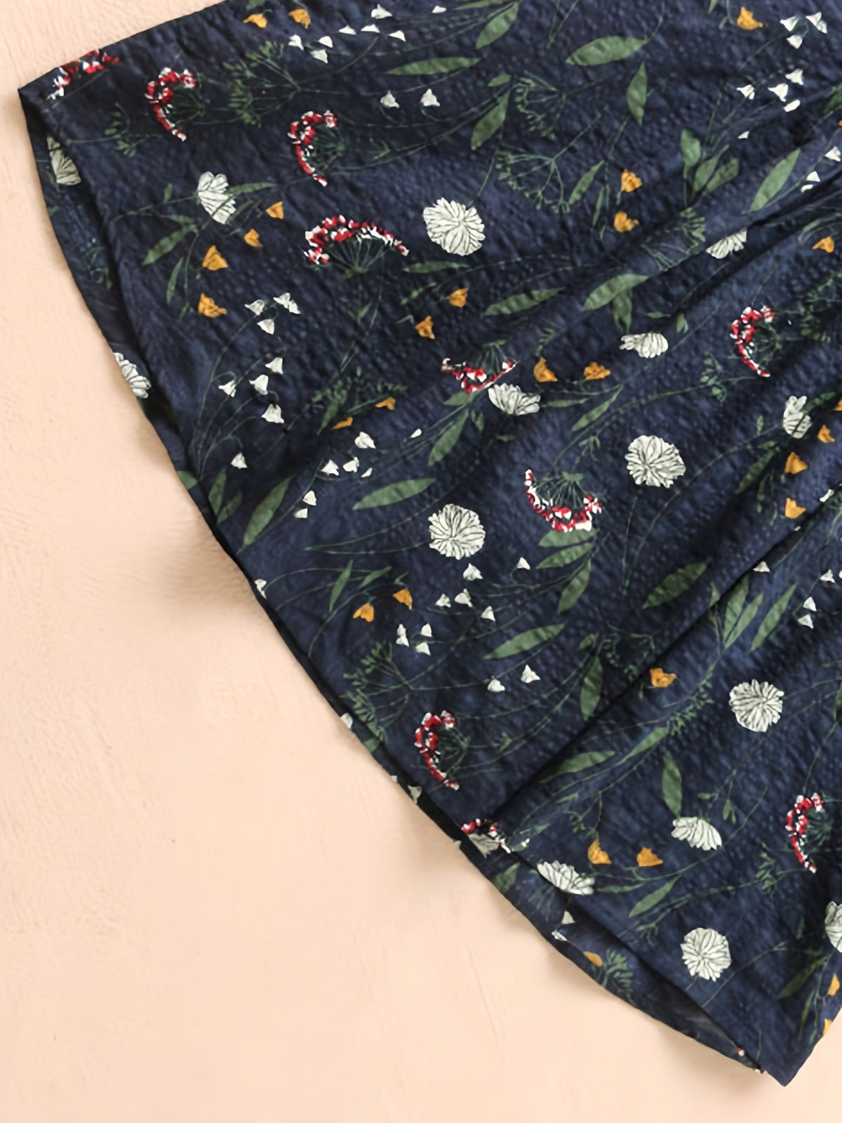 Floral Print Shirt - 3/4 Sleeve, Shirred Round Neck, Loose Fit, Ruffled Blouse