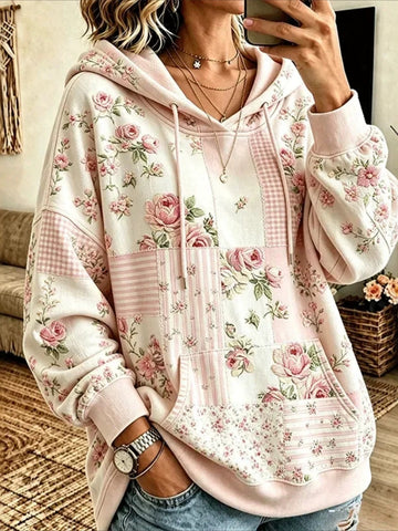 Drawstring Floral Printing Dropped Shoulder Hoodie
