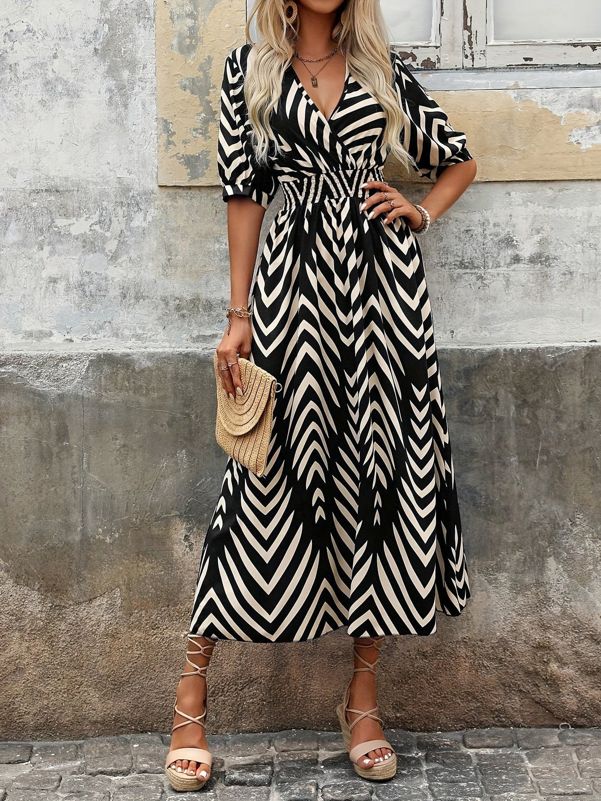 Allover Print Shirred Waist A-line Dress, Casual Surplice Neck Half Sleeve Dress