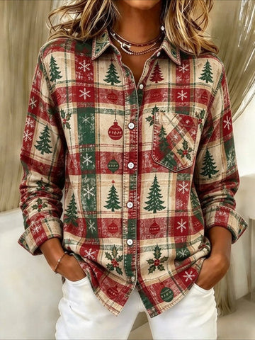 Christmas Snowflake & Tree Patterns Long Sleeve Plain Regular Micro-Elasticity Regular Fit Shirt