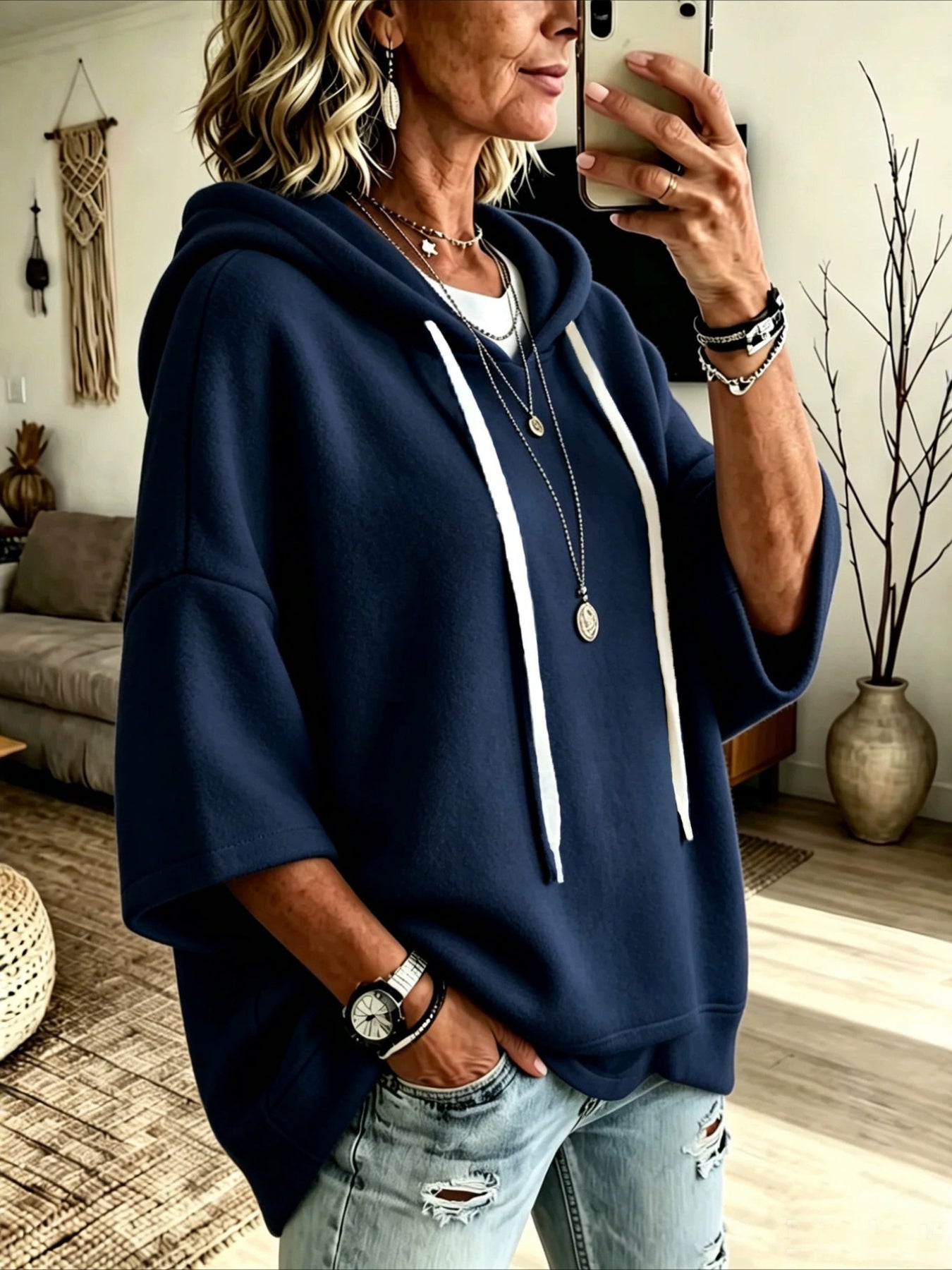 Loose 3/4 Sleeve Hooded Drawstring Bat-sleeved Sweatshirt