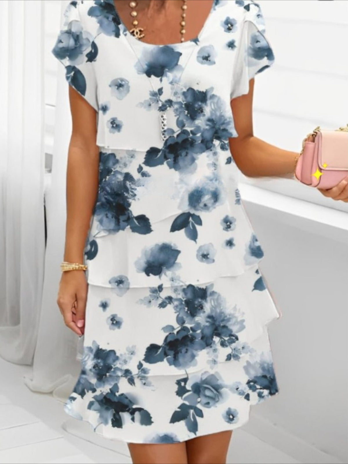 Elegant Daily Regular Fit Floral Geometric Short Sleeve Crew Neck Midi Dress