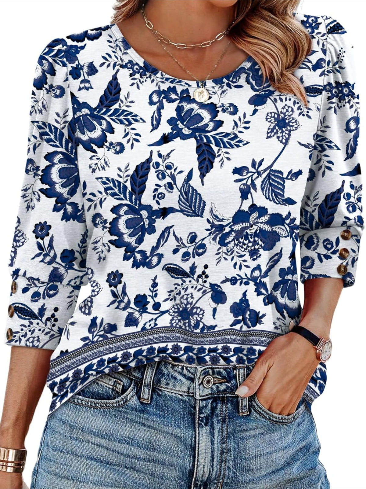 3/4 Sleeve with Buttons Dressy Casual Blouses
