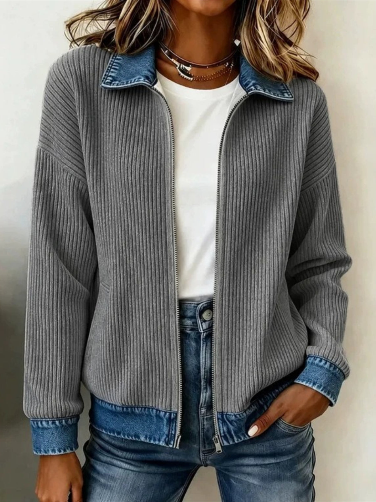Zip-Up Corduroy Jacket with Denim-Look Trim