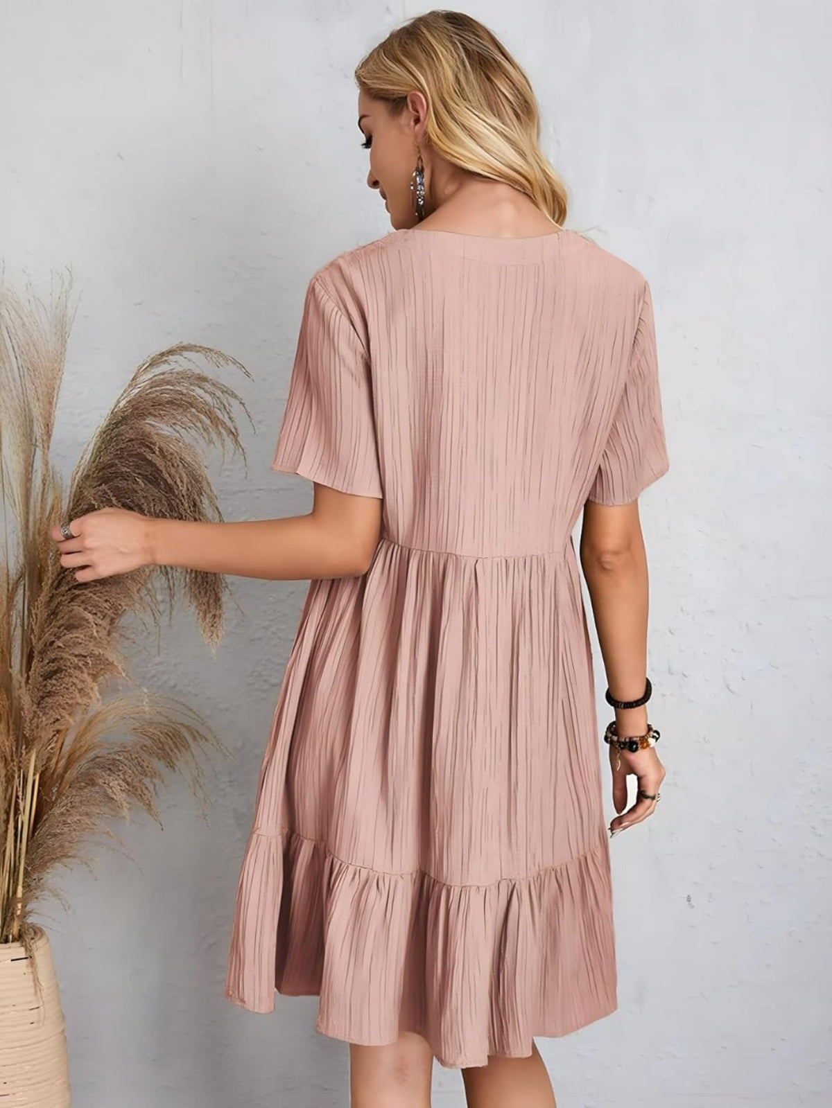 Short Sleeve V Neck Ruffle Mid Dress