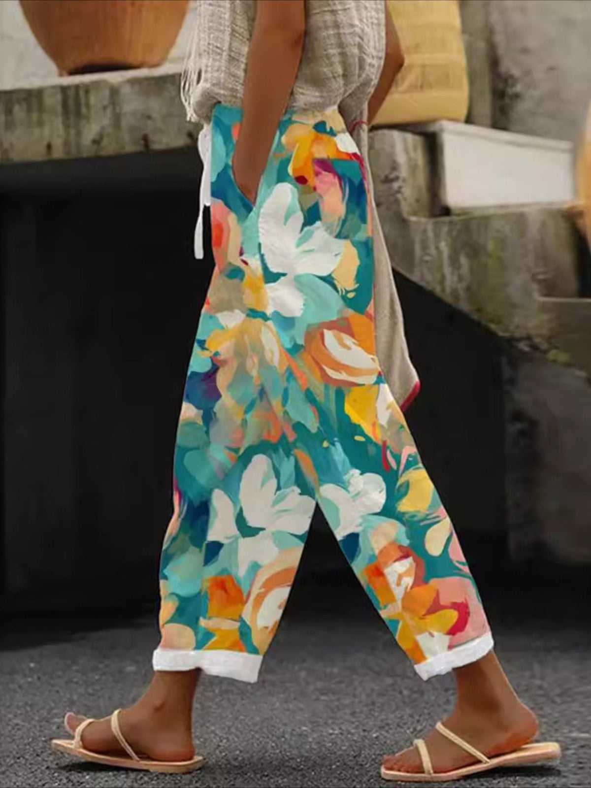 Floral Print Pants, Casual Elastic Waist Pants
