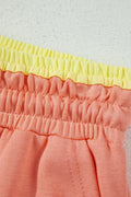 Grapefruit Orange Color Block Flower Patchwork Drawstring Contrasted Elastic Waist Wide Leg Pants