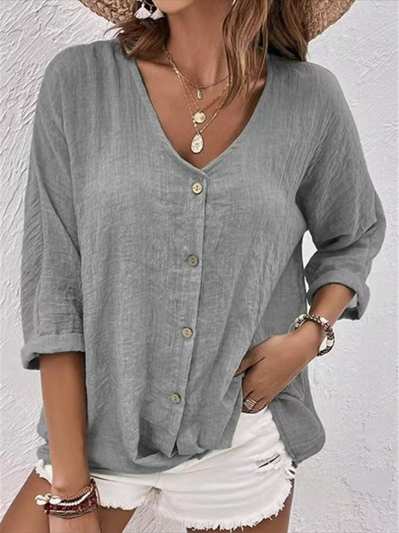 V-neck Pullover Short Sleeve Loose Shirt