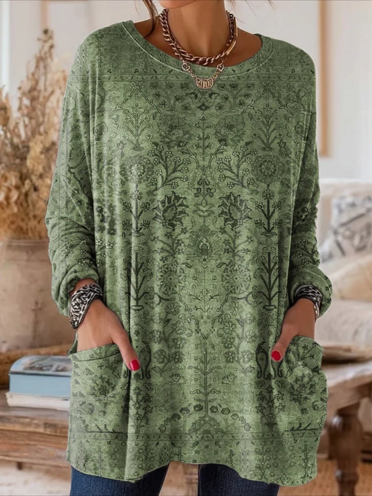 Floral Long Sleeve Crew Neck Printing Vintage Spring/Fall Top