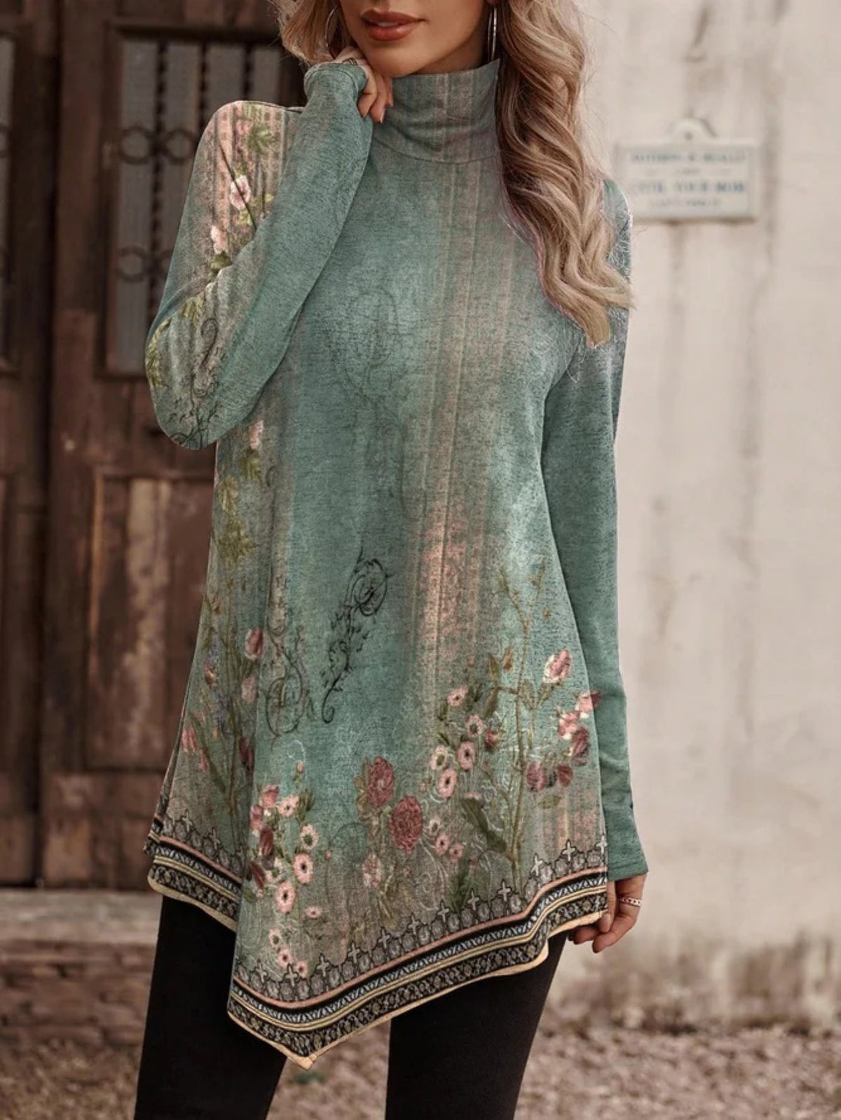 Ethnic Floral Print High Neck Tunics, Boho Long Sleeve Tunic Tops