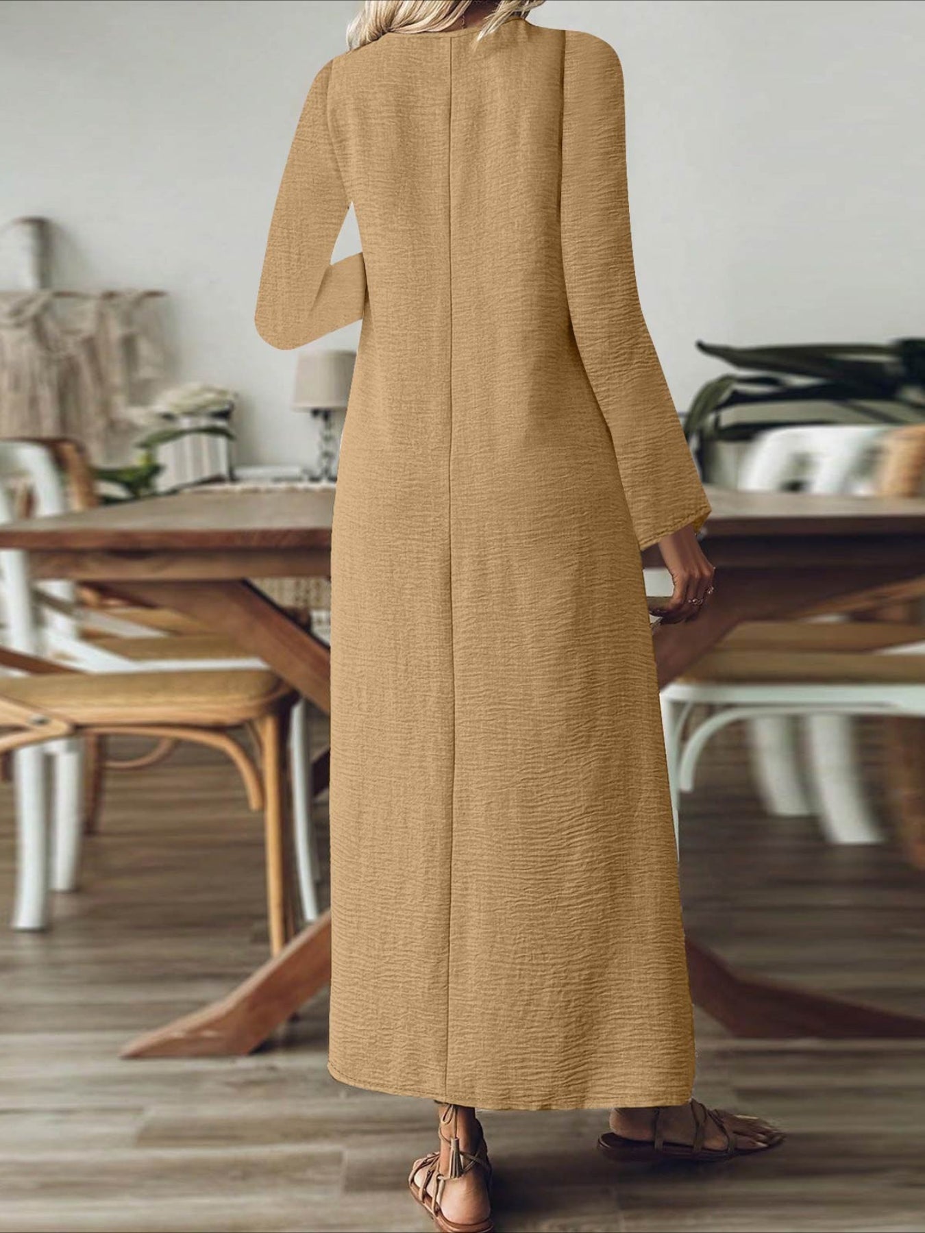 Back Zipper Solid Color Long Sleeve Cotton and Linen Dress