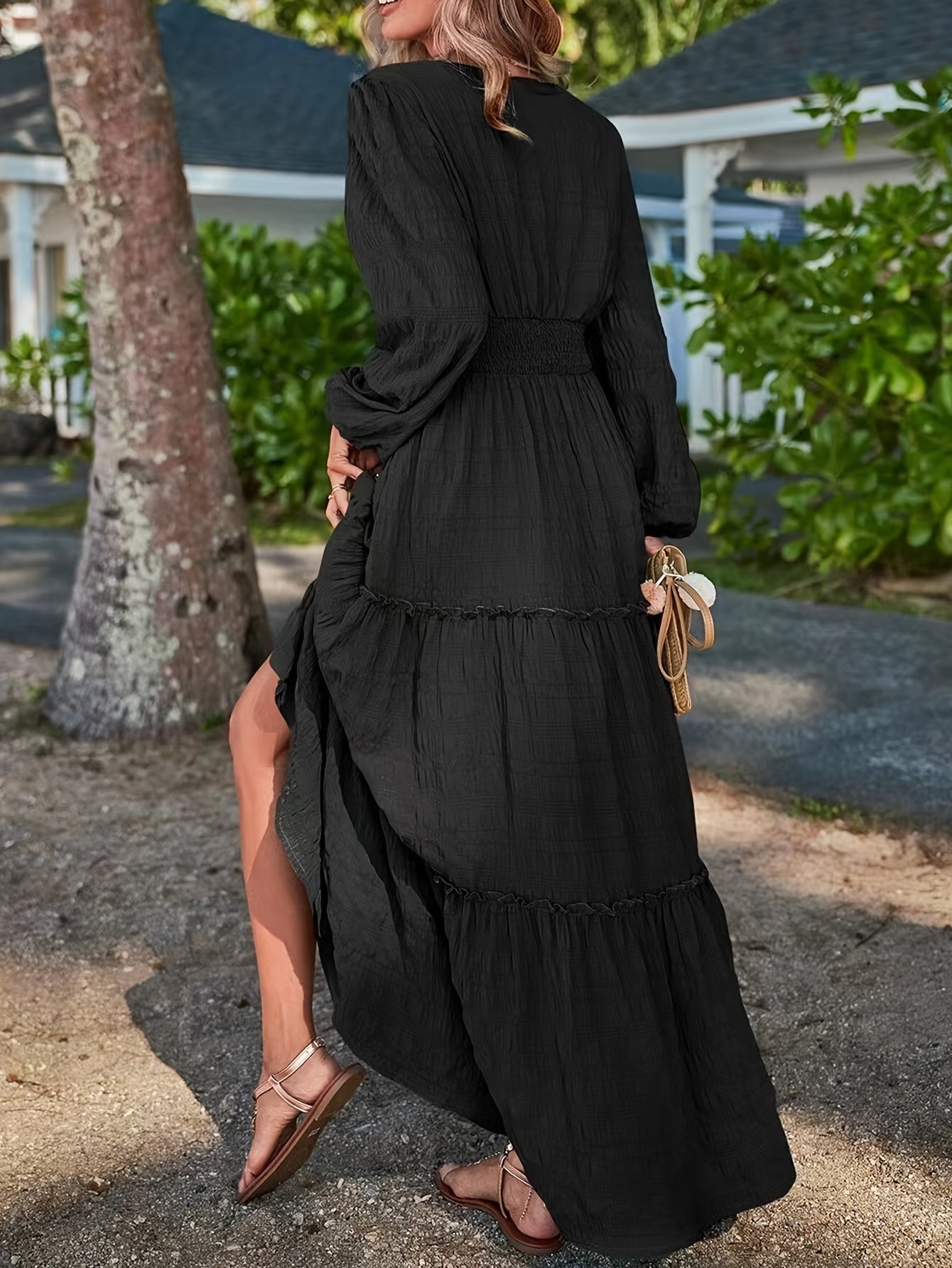 Solid V-neck Textured Maxi Dress, Vacation Style Smocked Long Sleeve Dress