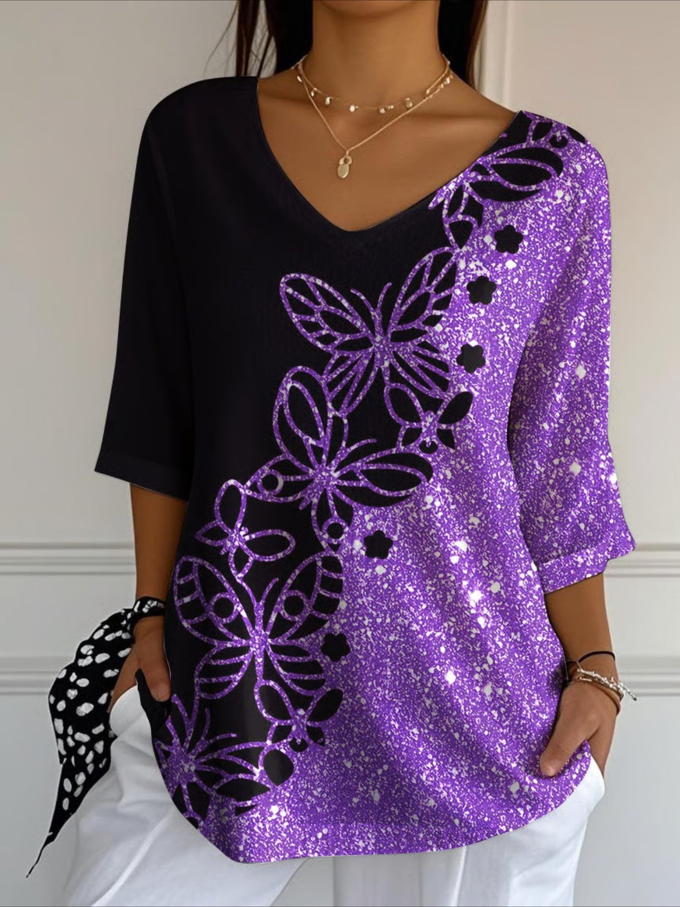 Floral Three Quarter Sleeve Tee T-shirt V Neck Printing Casual Spring/Fall Graphic Tee Top