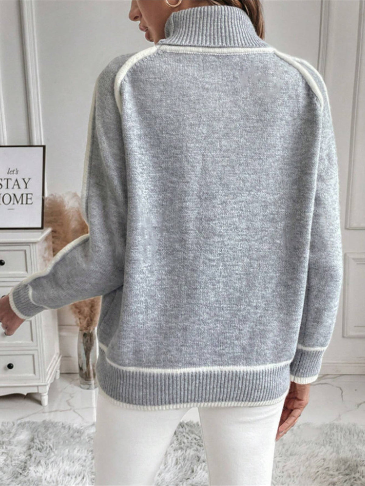 Stylish Contrast Trim Turtle Neck Sweater - Cozy Casual Long Sleeve Sweater