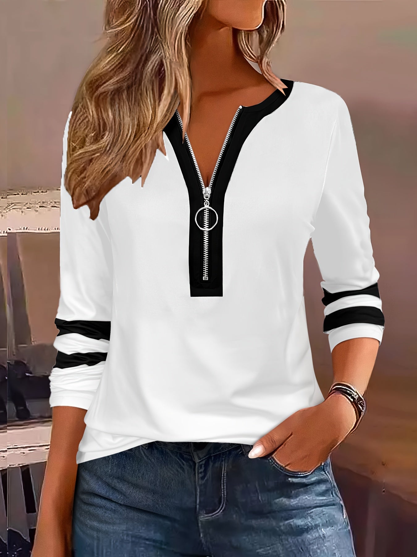 Stylish Color Block V-Neck Long Sleeve T-Shirt with Zipper Detail