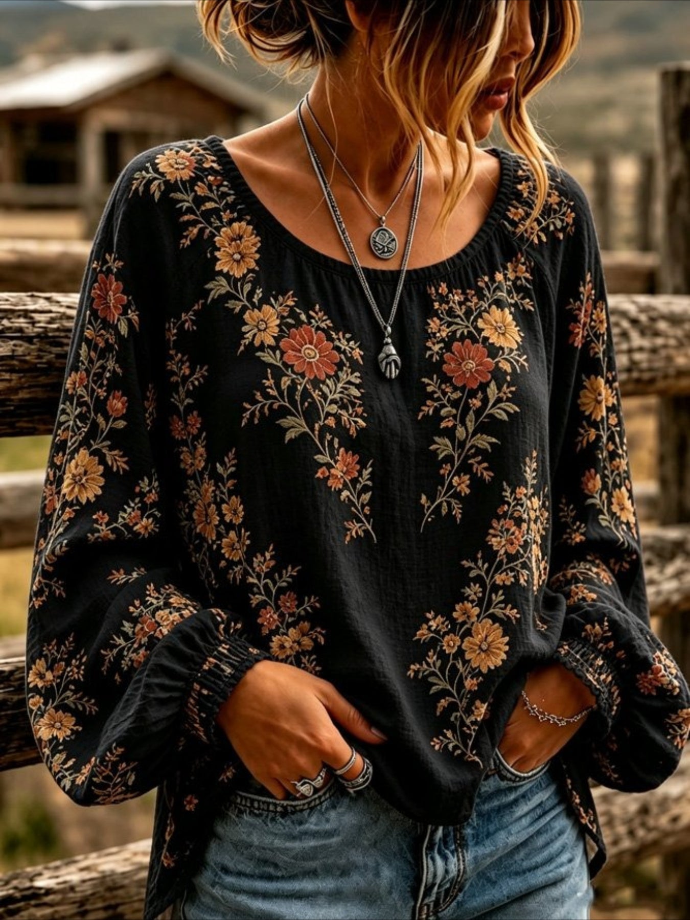 Floral Crew Neck Long Sleeve Blouse