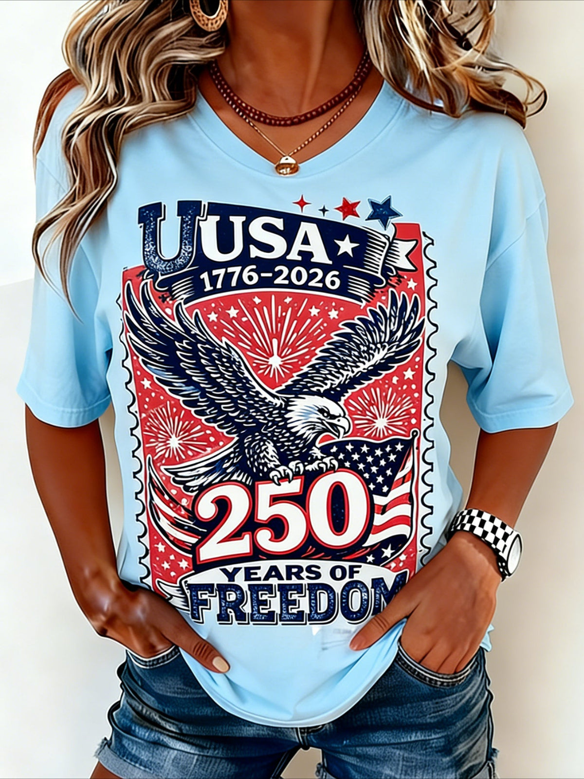 Casual Vintage America 250 Years Printing Crew Neck Short Sleeve T-shirt