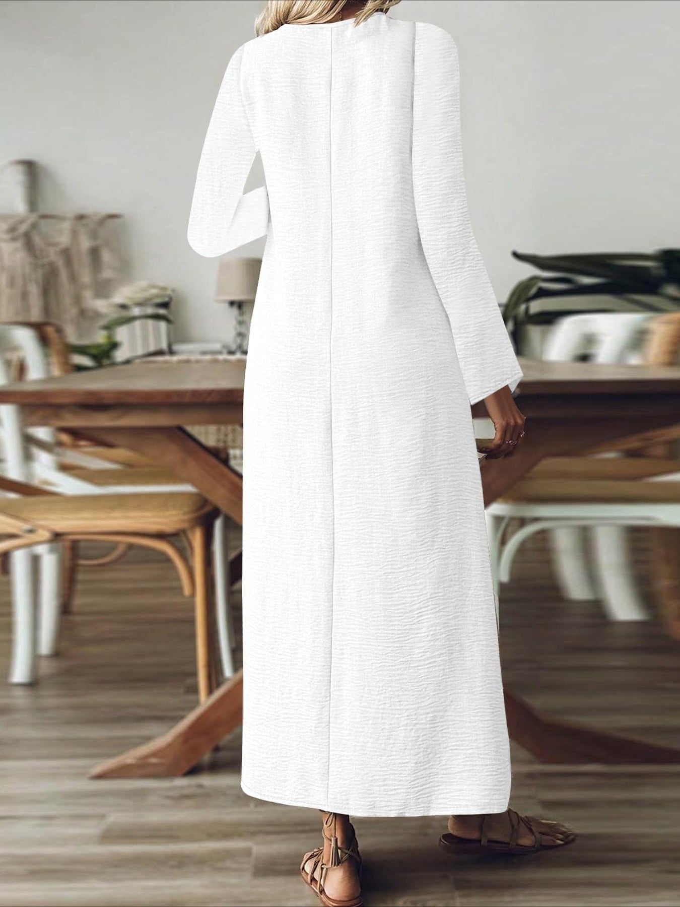 Back Zipper Solid Color Long Sleeve Cotton and Linen Dress