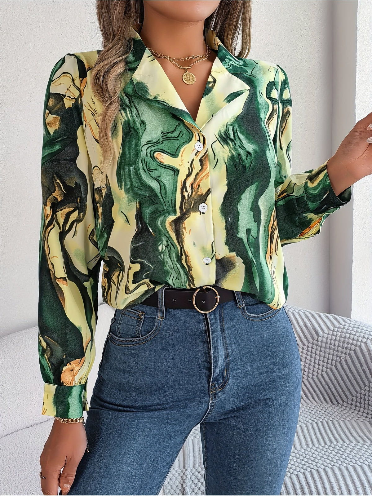 Graphic Print Button Front Shirt, Casual Long Sleeve Shirt