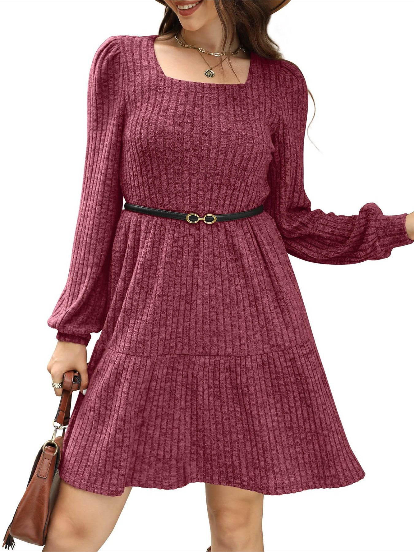 Square Neck Long Sleeve Dress with Pockets