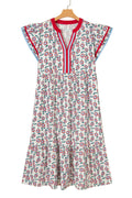 Red Cute Sunflower Printed Striped Patchwork Trim Flutter Sleeve Long Dress