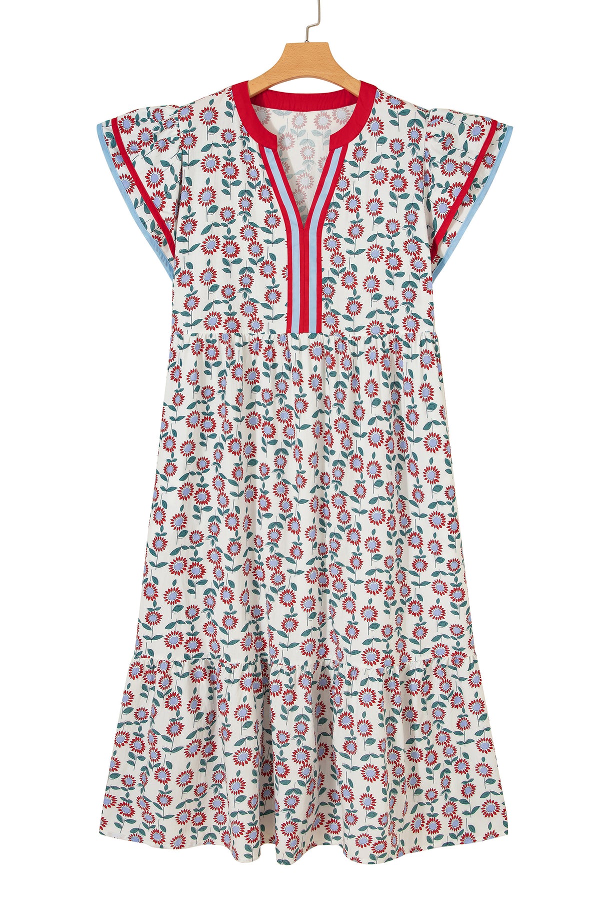 Red Cute Sunflower Printed Striped Patchwork Trim Flutter Sleeve Long Dress