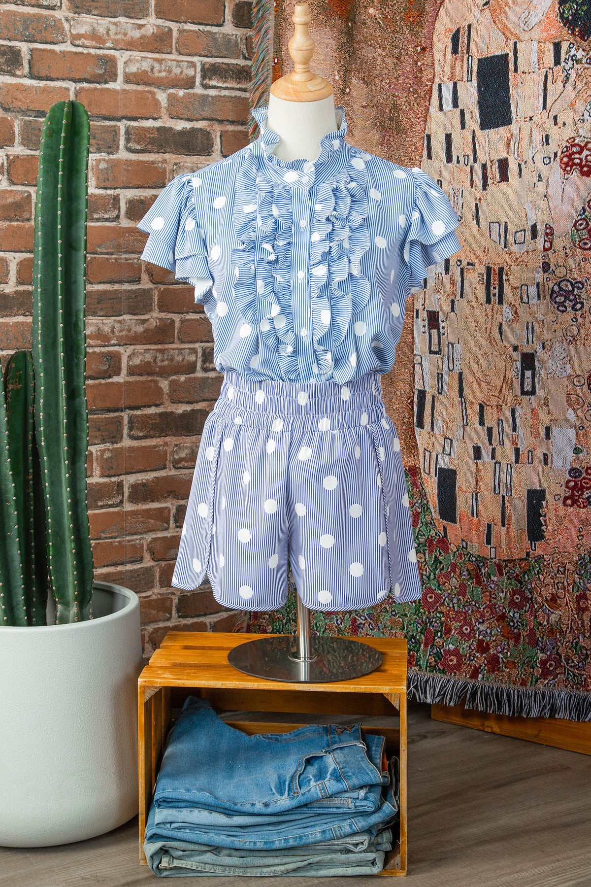 Sky Blue Polka Dot Print Shirred High Waist Casual Shorts