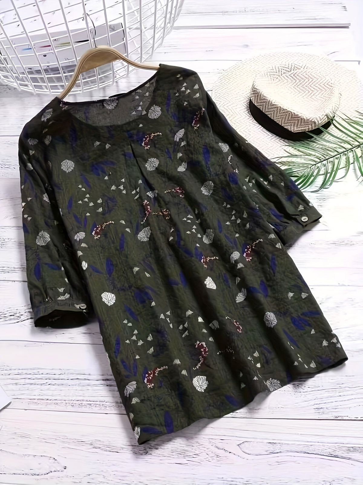 Floral Print Shirt - 3/4 Sleeve, Shirred Round Neck, Loose Fit, Ruffled Blouse