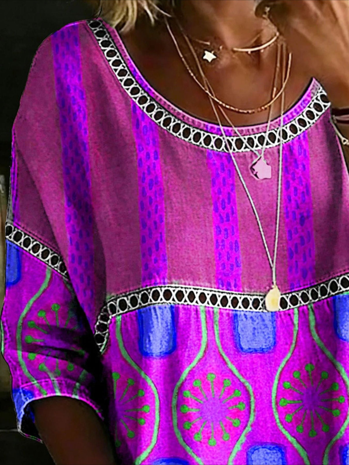 Flower Printed Mid Sleeve Pleated Round Neck Top