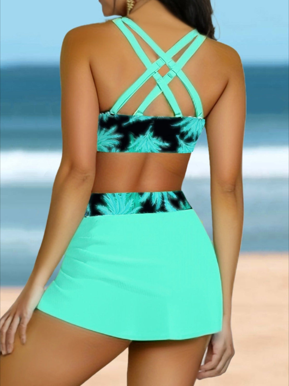 3 piece Women's Butterfly Floral Print Drawstring Bikini Set with Side Split and High Waist V Neck Stretchy and Comfortable Swimwear